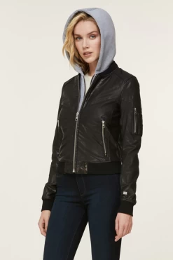 Farica Leather Bomber Jacket -Women Clothing Store Hood Up